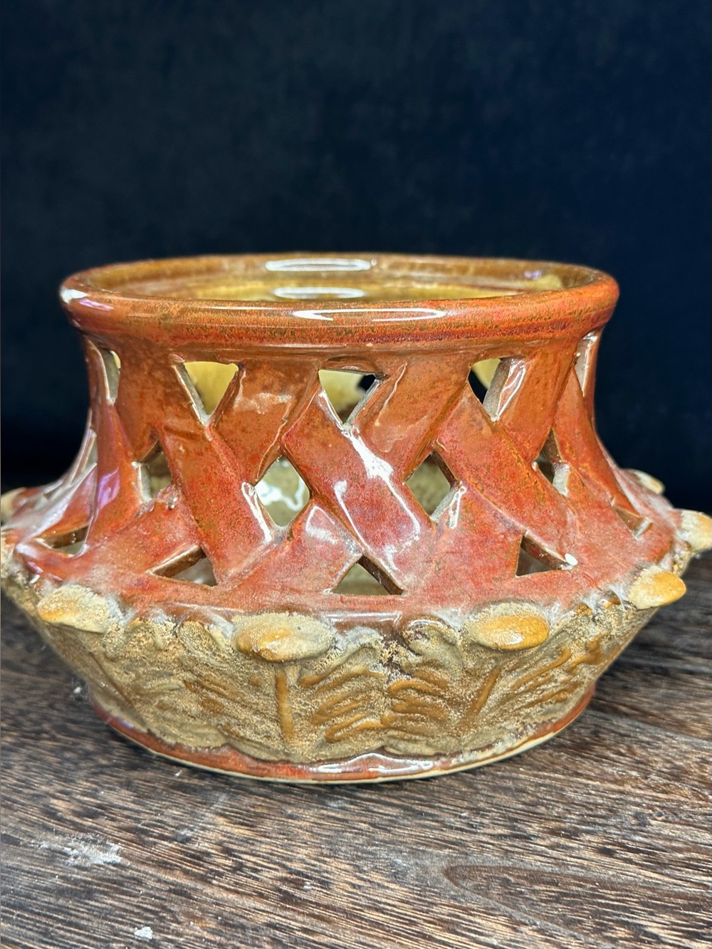 Vintage Rich Amber Glazed Ceramic Lattice cut-out planter/luminary